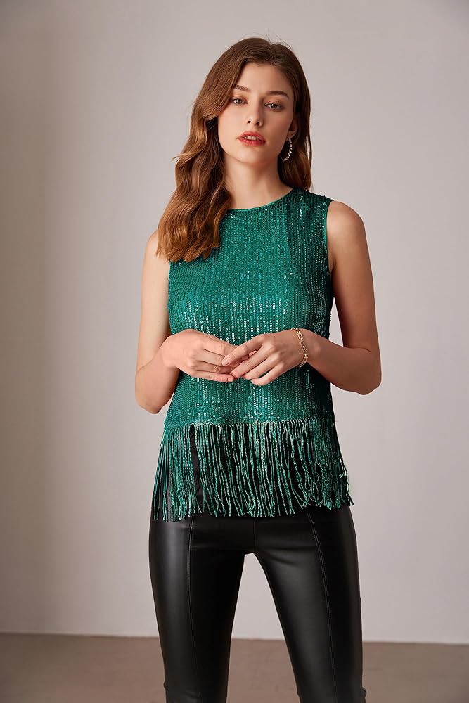 Trendy Tassel Sequin Tops for Women Sleeveless Round Neck